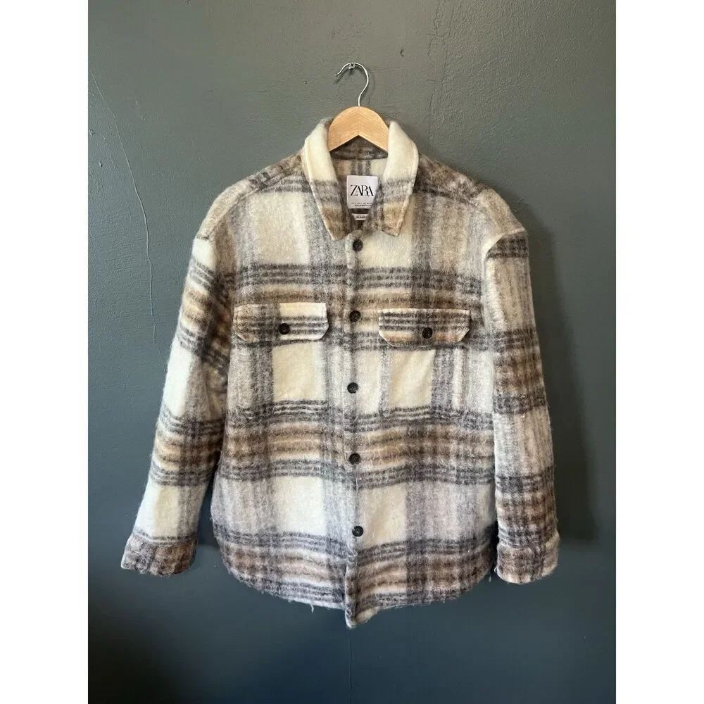 Zara Womens Brown Plaid Wool Button Up Shacket Size Large Long Sleeve